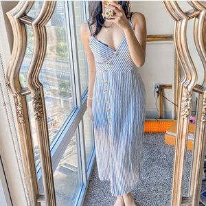 SOLD// Urban Outfitters Amber Button Up Linen Blue White Striped Midi Dress